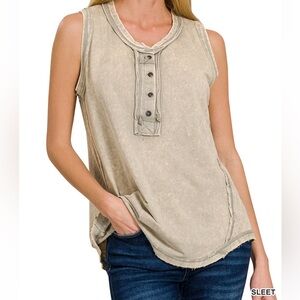 Women's Sleeveless Half Button-Up 100% Cotton Henly Top in Sleet
